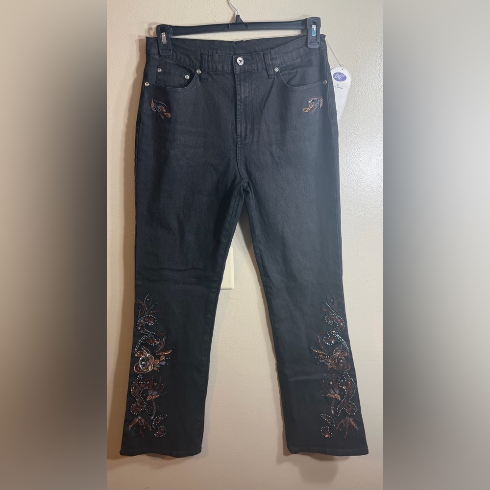 DG2 by Diane Gilman Embellished Bootcut Jeans Black Stretch Denim Sz 10 NWT